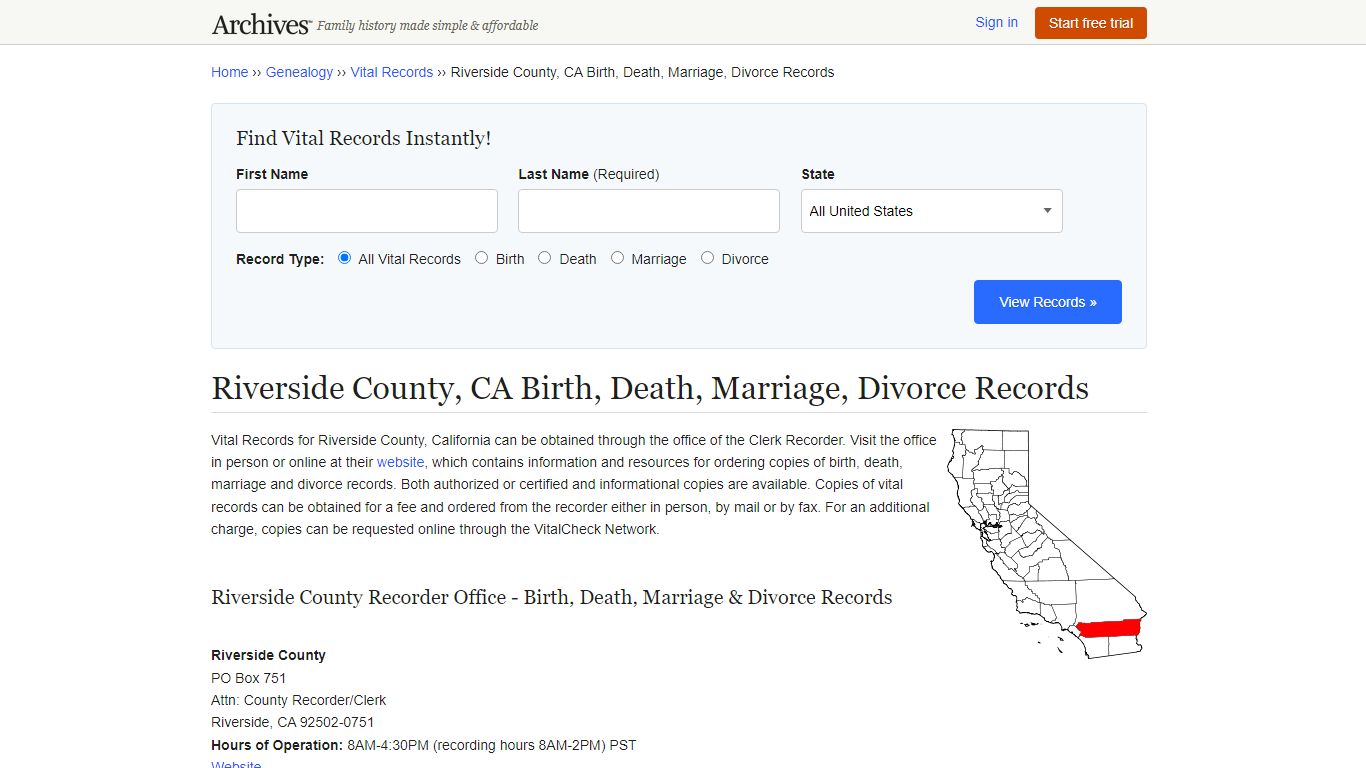 Riverside County, CA Birth, Death, Marriage, Divorce Records